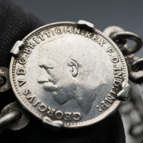 British Vintage Sterling Silver & 3 Pence Coin Bracelet 20g