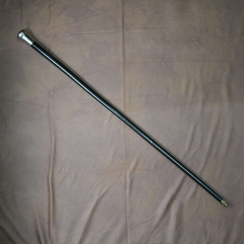 1908 British Antique Black Shaft Sterling Silver Rondelle Handle Walking Stick Cane 90cm J Howell