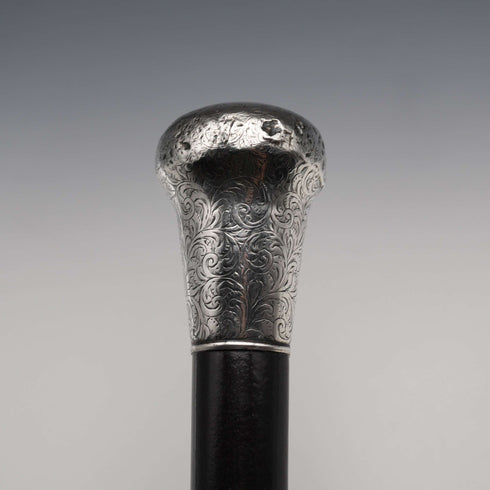 1908 British Antique Black Shaft Sterling Silver Rondelle Handle Walking Stick Cane 90cm J Howell