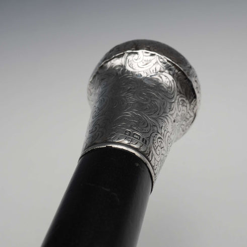 1908 British Antique Black Shaft Sterling Silver Rondelle Handle Walking Stick Cane 90cm J Howell