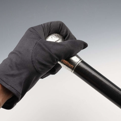 1908 British Antique Black Shaft Sterling Silver Rondelle Handle Walking Stick Cane 90cm J Howell