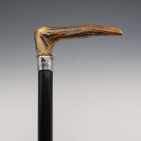 1895 British Antique Black Shaft Sterling Silver Embellished Antler Handle Walking Stick Cane 90cm