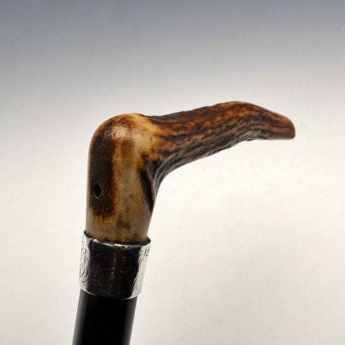 1895 British Antique Black Shaft Sterling Silver Embellished Antler Handle Walking Stick Cane 90cm