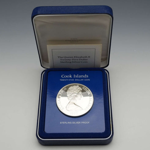 1977 Queen Elizabeth II Silver Jubilee Cook Islands $25 Commemorative Silver Coin, 49g, Franklin Mint, with case and certificate