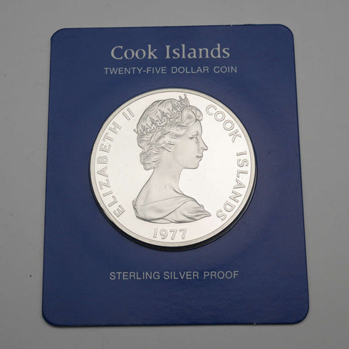 1977 Queen Elizabeth II Silver Jubilee Cook Islands $25 Commemorative Silver Coin, 49g, Franklin Mint, with case and certificate