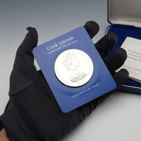 1977 Queen Elizabeth II Silver Jubilee Cook Islands $25 Commemorative Silver Coin, 49g, Franklin Mint, with case and certificate