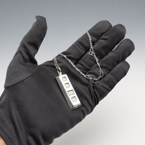 1976 English Vintage Solid Silver Ingot Pendant with Solid Silver Chain, Total 32.6g