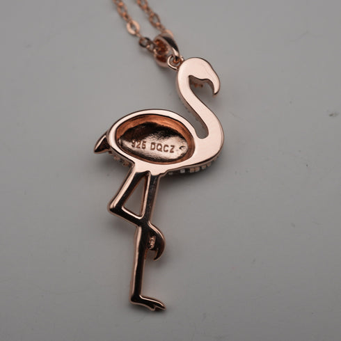 Vintage Gold Plated Sterling Silver & Zirconia Pink Flamingo Pendant with Sterling Silver Necklace, Total 4.5g