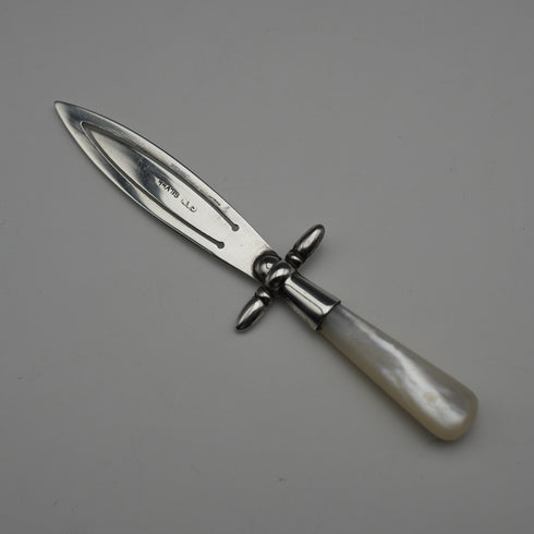 English antique mother-of-pearl handle, sterling silver blade, sword-shaped bookmark by Crisford & Norris