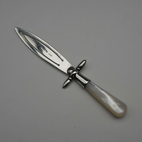 English antique mother-of-pearl handle, sterling silver blade, sword-shaped bookmark by Crisford & Norris