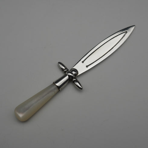 English antique mother-of-pearl handle, sterling silver blade, sword-shaped bookmark by Crisford & Norris