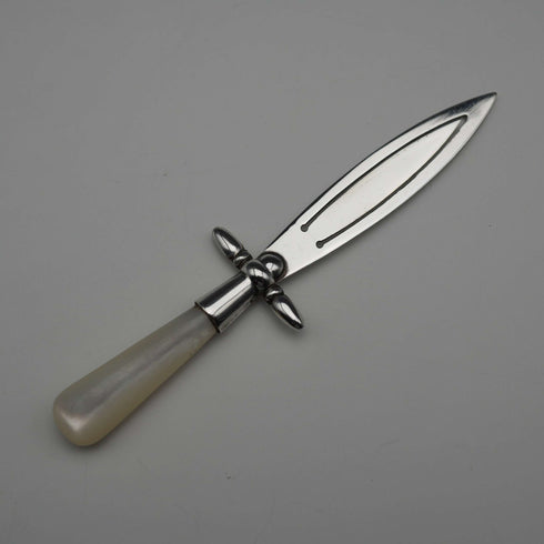 English antique mother-of-pearl handle, sterling silver blade, sword-shaped bookmark by Crisford & Norris