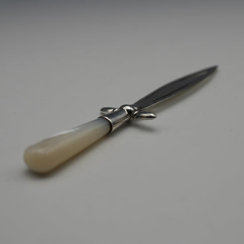 English antique mother-of-pearl handle, sterling silver blade, sword-shaped bookmark by Crisford & Norris