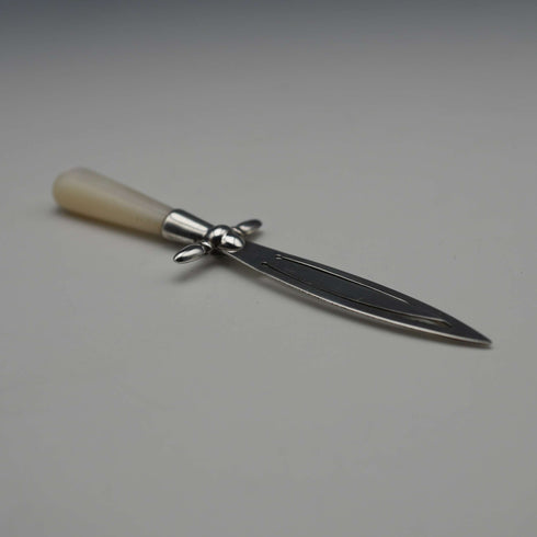 English antique mother-of-pearl handle, sterling silver blade, sword-shaped bookmark by Crisford & Norris
