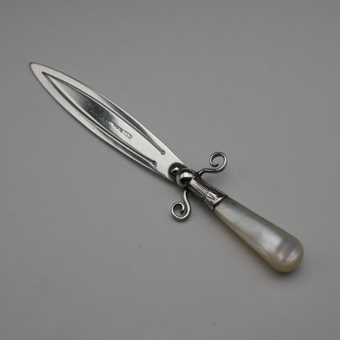 English antique mother-of-pearl handle, sterling silver blade, sword-shaped large bookmark, Crisford&Norris