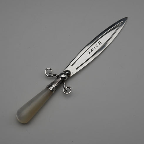 English antique mother-of-pearl handle, sterling silver blade, sword-shaped large bookmark, Crisford&Norris