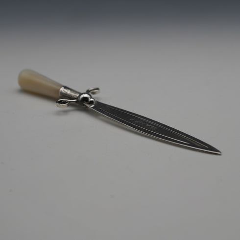 English antique mother-of-pearl handle, sterling silver blade, sword-shaped large bookmark, Crisford&Norris