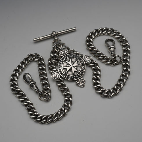 Circa 1905, British Antique, Sterling Silver Double Albert Chain with Sterling Silver Maltese Cross Medal Fob, 66g