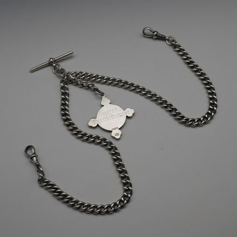 Circa 1905, British Antique, Sterling Silver Double Albert Chain with Sterling Silver Maltese Cross Medal Fob, 66g