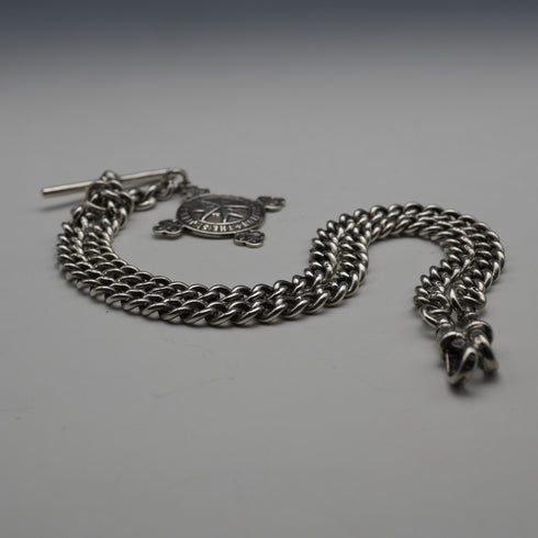 Circa 1905, British Antique, Sterling Silver Double Albert Chain with Sterling Silver Maltese Cross Medal Fob, 66g