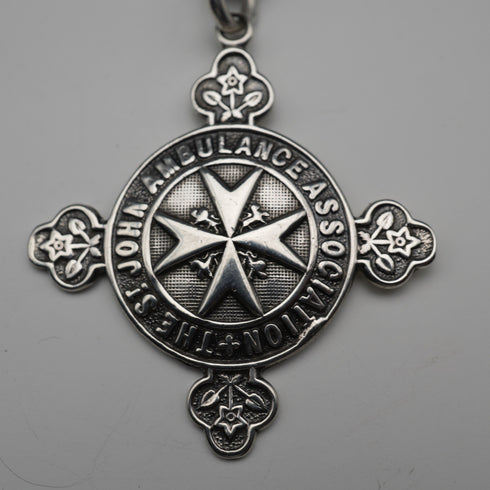 Circa 1905, British Antique, Sterling Silver Double Albert Chain with Sterling Silver Maltese Cross Medal Fob, 66g