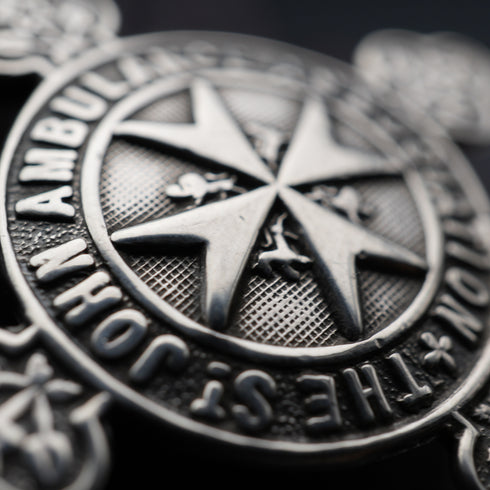 Circa 1905, British Antique, Sterling Silver Double Albert Chain with Sterling Silver Maltese Cross Medal Fob, 66g