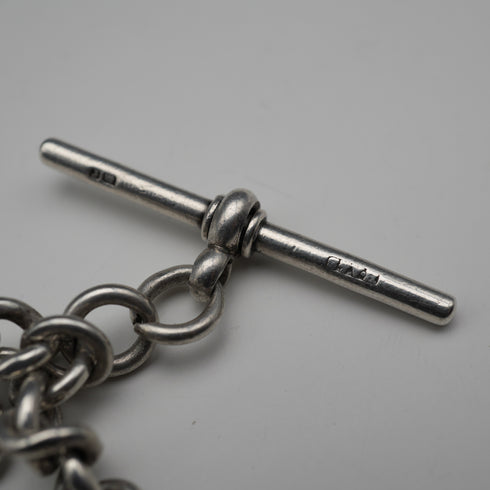 Circa 1905, British Antique, Sterling Silver Double Albert Chain with Sterling Silver Maltese Cross Medal Fob, 66g
