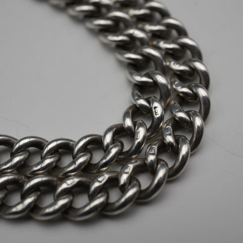Circa 1905, British Antique, Sterling Silver Double Albert Chain with Sterling Silver Maltese Cross Medal Fob, 66g