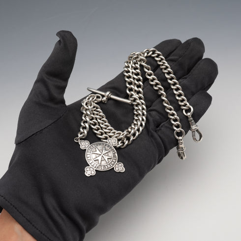 Circa 1905, British Antique, Sterling Silver Double Albert Chain with Sterling Silver Maltese Cross Medal Fob, 66g
