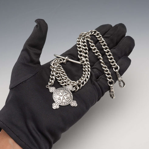 Circa 1905, British Antique, Sterling Silver Double Albert Chain with Sterling Silver Maltese Cross Medal Fob, 66g