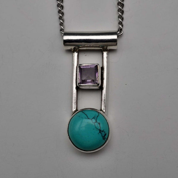 Vintage Sterling Silver Dual Stone (Turquoise & Amethyst Color) Pendant with Chain