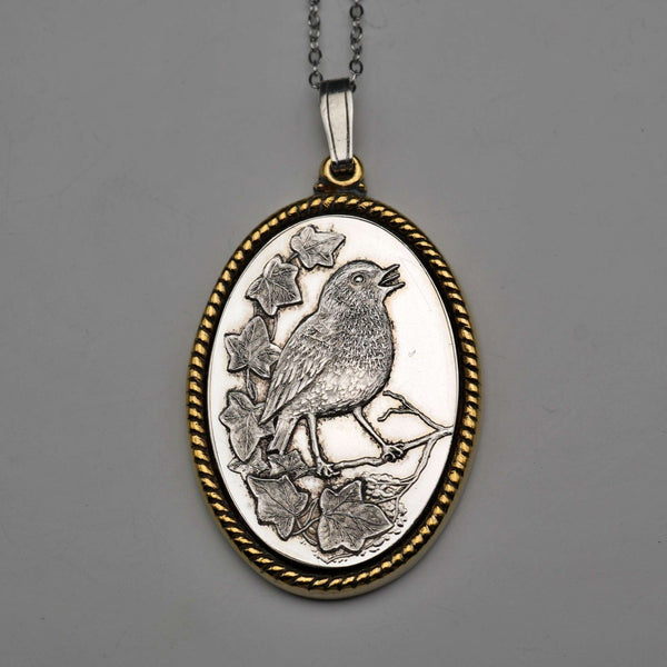 1977 Vintage British Sterling Silver Robin Relief Oval Pendant, 14g total, with Sterling Silver Chain