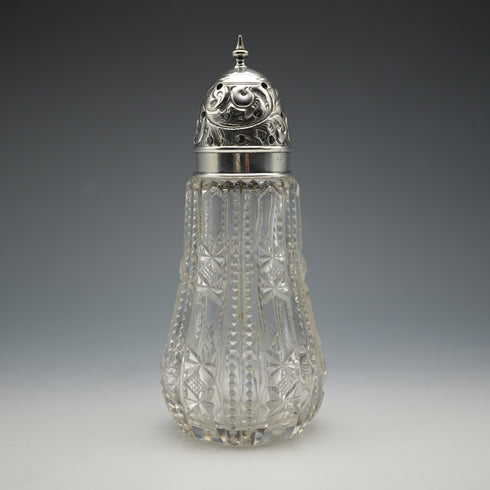 Azucarero antiguo inglés de 1907, cristal tallado y tapa de plata de ley, Robert Pringle