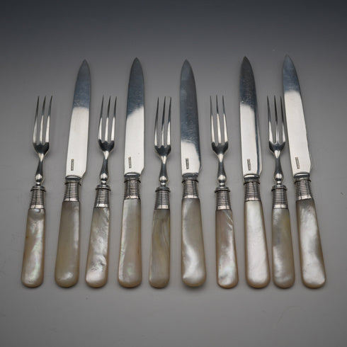 約1908年 英國古董白蝶貝手柄甜點餐具組(5對入) 純銀裝飾 Allen&Darwin