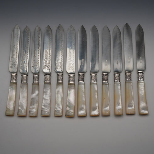 约1900年 英国古董 白蝶贝手柄 甜点餐具12对 纯银装饰 John Round&Son 原装木盒装