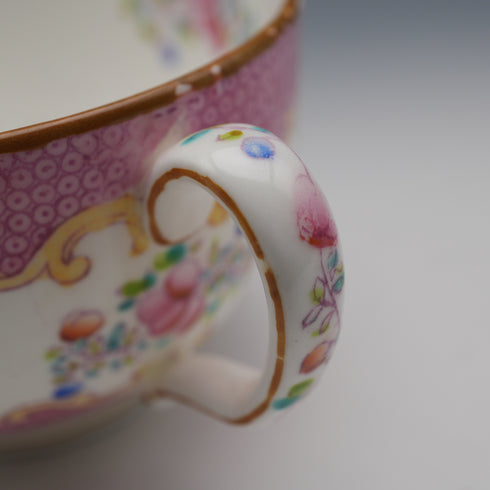 English Antique Minton Pink Cockatrice Soup Cup & Saucer