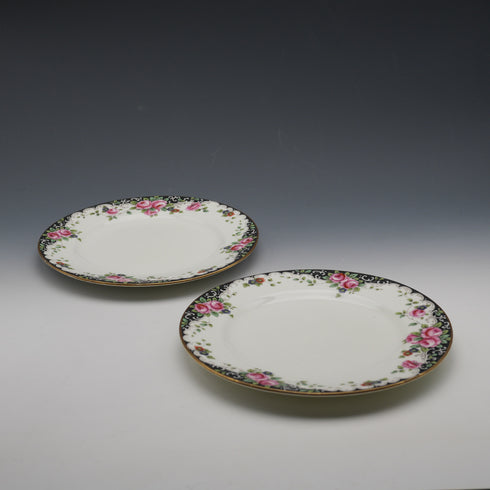 British Antique Aynsley "Black Band & Rose" Side Plates, Pair