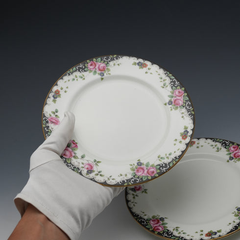 British Antique Aynsley "Black Band & Rose" Side Plates, Pair