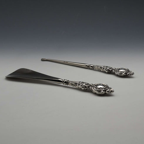 Juego de calzador y abotonador con mango de plata de ley, antiguo inglés, 1902, James Deakin & Sons