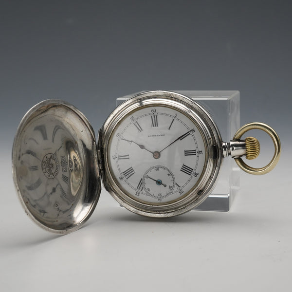 c. 1889 Antique Longines pocket watch, 800 silver hunter case, 43mm diameter, in good working condition