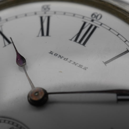 Reloj de bolsillo Longines antiguo de alrededor de 1889, plata 800, caja hunter, 43 mm de diámetro, en buen estado de funcionamiento.