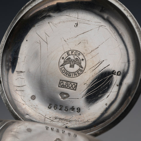 Reloj de bolsillo Longines antiguo de alrededor de 1889, plata 800, caja hunter, 43 mm de diámetro, en buen estado de funcionamiento.