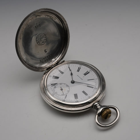 Circa 1919 antique Zenith pocket watch, 900 silver hunter case, 50mm diameter, in good working condition.