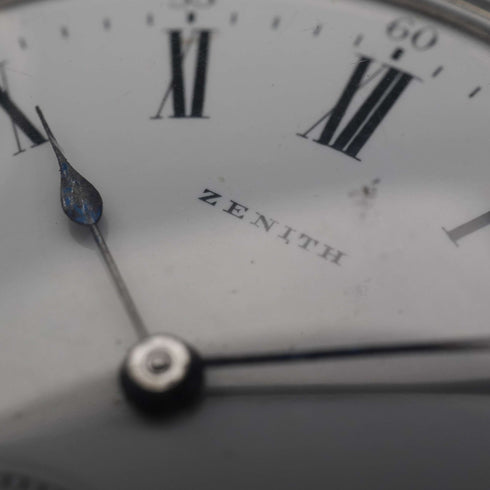Circa 1919 antique Zenith pocket watch, 900 silver hunter case, 50mm diameter, in good working condition.
