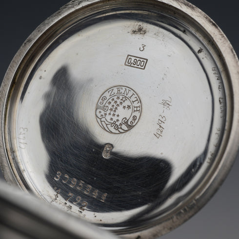 Circa 1919 antique Zenith pocket watch, 900 silver hunter case, 50mm diameter, in good working condition.