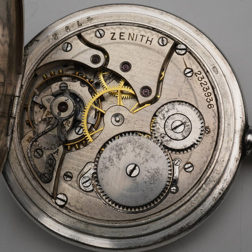 Circa 1919 antique Zenith pocket watch, 900 silver hunter case, 50mm diameter, in good working condition.