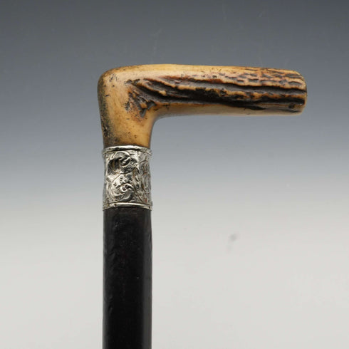 1900年左右 英國古董 黑柄純銀裝飾 鹿角手柄手杖 拐杖 81cm