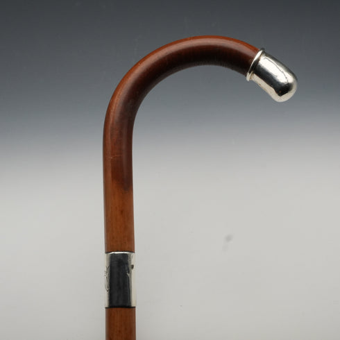 1914 British Antique Thunk Shaft Sterling Silver-Mounted Large-Curved Handle Walking Stick Cane 93 cm