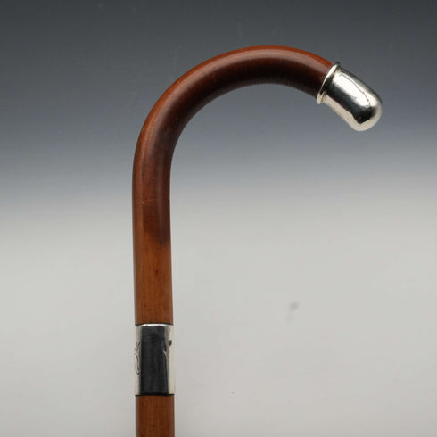 1914年 英国アンティーク タンシャフト 純銀装飾 大曲りハンドル ステッキ 杖 93cm