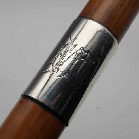 1914 British Antique Thunk Shaft Sterling Silver-Mounted Large-Curved Handle Walking Stick Cane 93 cm